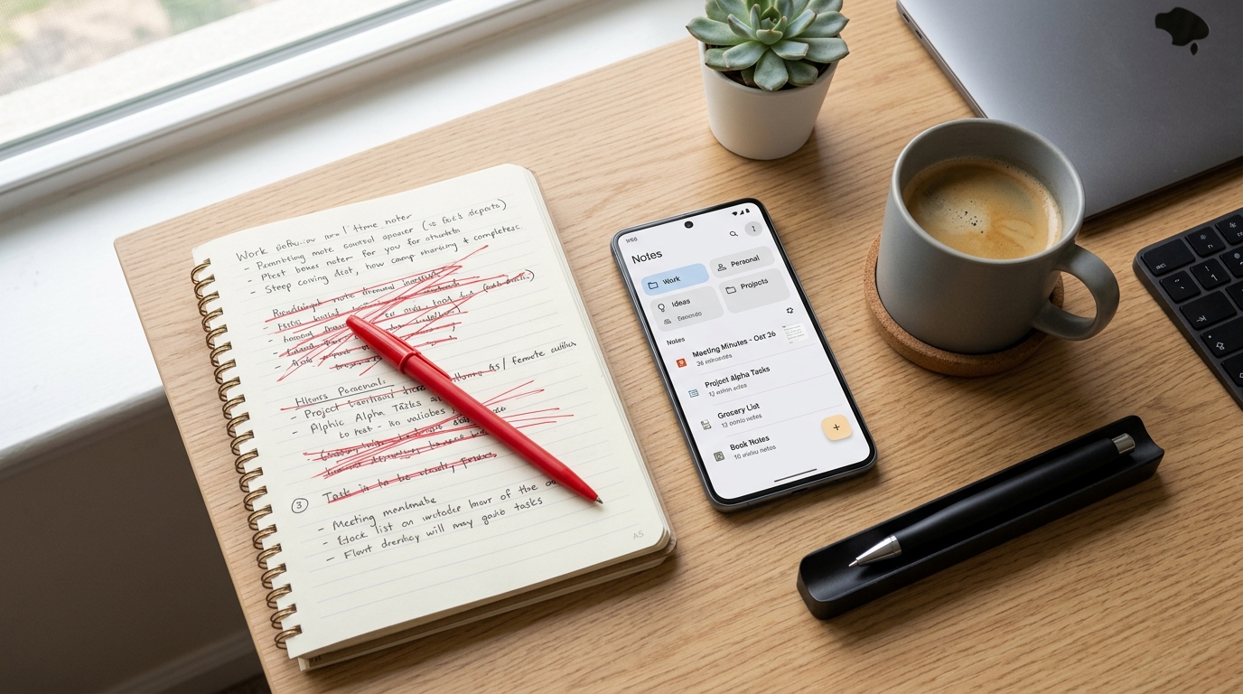 现代办公桌上的整洁平铺图，显示一本被划掉的纸质笔记本