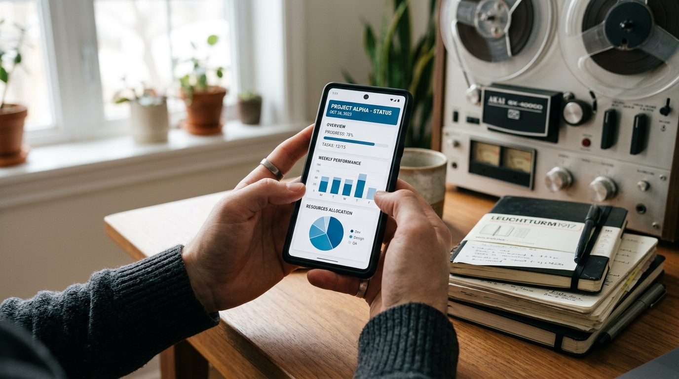 סביבת עבודה מודרנית המציגה ידיים של אדם מחזיקות סמארטפון המציג ממשק תמלול AI.