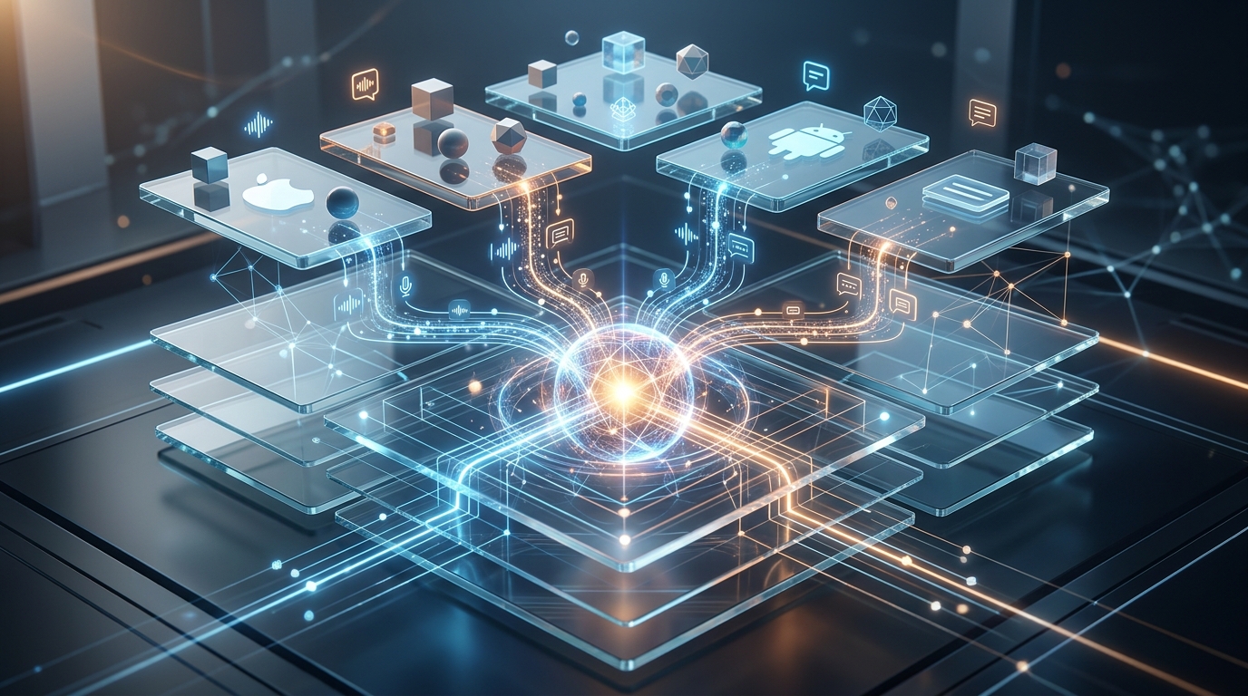 ויזואליזציה תלת-ממדית מופשטת של ארכיטקטורת אפליקציות למובייל עם שכבות זכוכית נקיות.