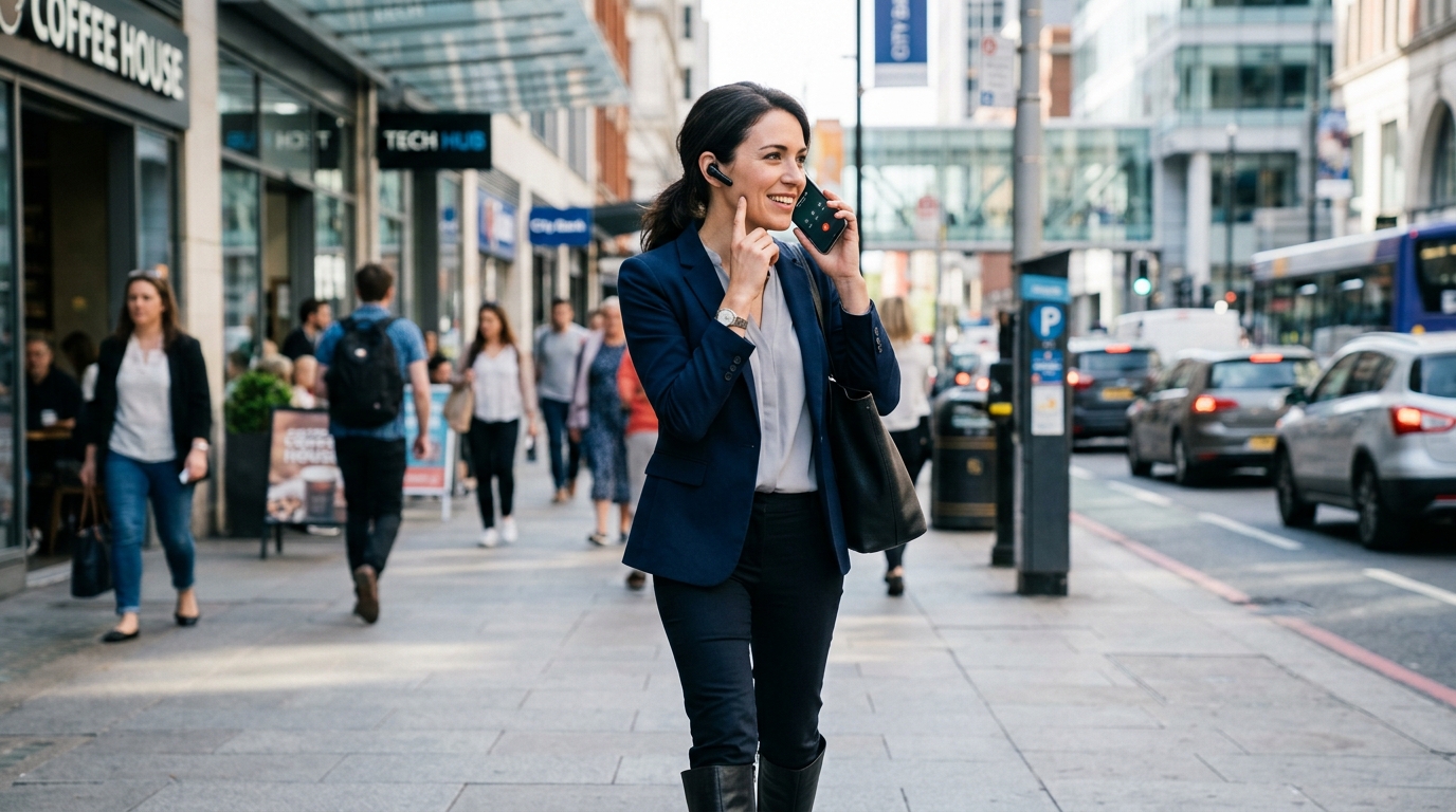 현대적인 전문가가 낮 시간에 활기차고 밝은 도시 거리를 자신감 있게 걷고 있는 모습...