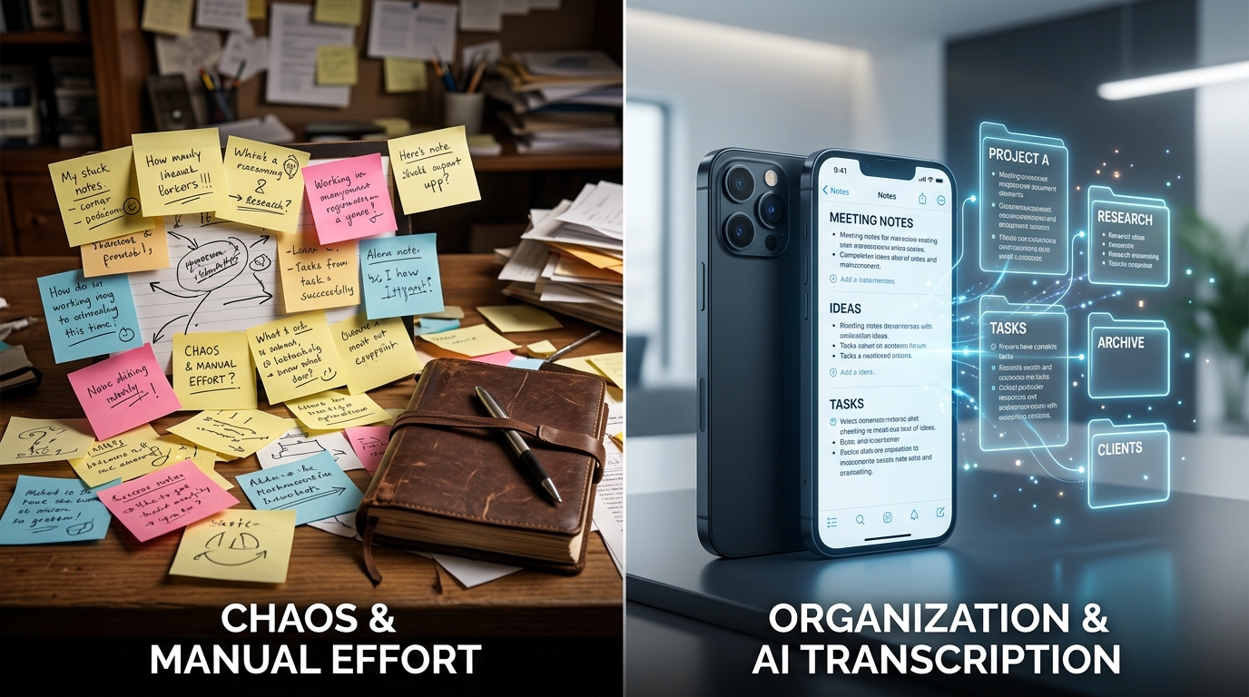 개념적인 나란히 비교 시각 자료. 왼쪽에는 어질러진 포스트잇 더미와...