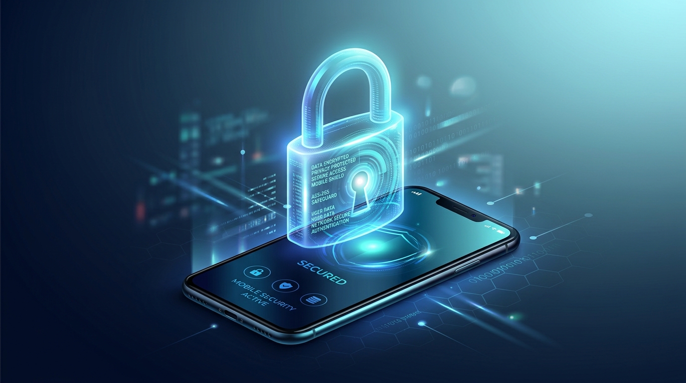 一个悬浮在智能手机上方的发光半透明挂锁的概念数字插图...