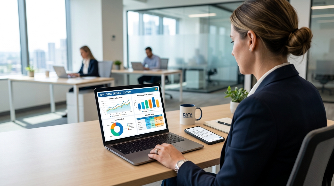 一名专业女性坐在办公桌前，看着显示应用趋势图表的笔记本电脑的过肩镜头...