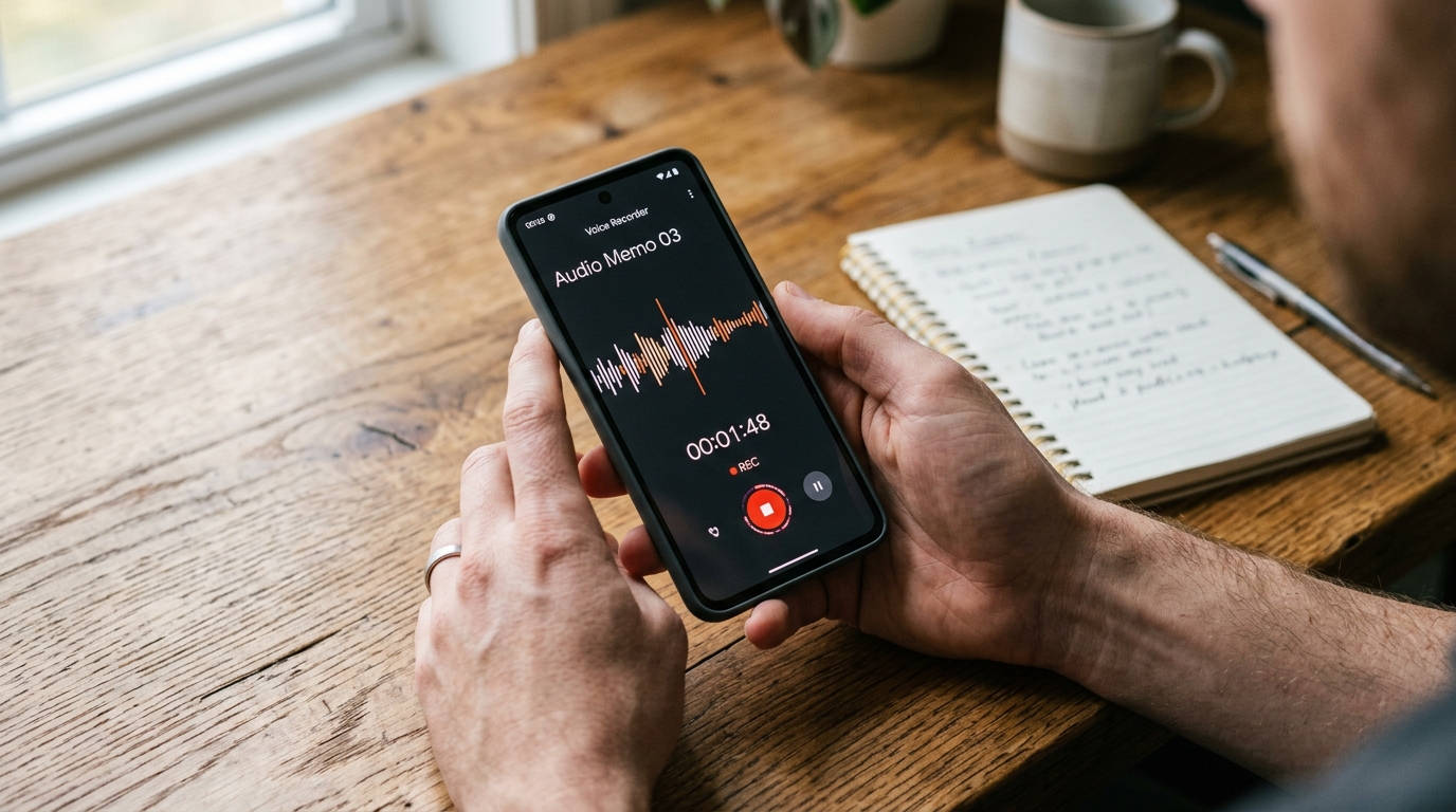 나무 책상 위에서 현대적인 스마트폰을 들고 음성 메모를 녹음하는 사람의 손 클로즈업