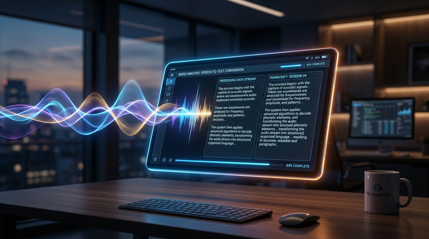 추상적인 음파가 부드럽게 텍스트로 변환되어 디지털 태블릿에 나타나는 하이테크 비주얼