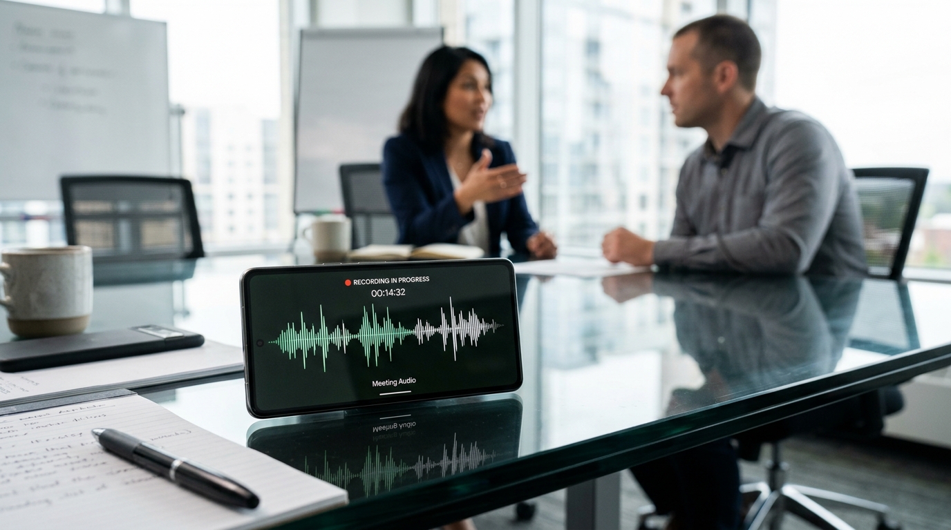 Cadre professionnel avec un smartphone sur une table de conférence affichant une onde sonore.