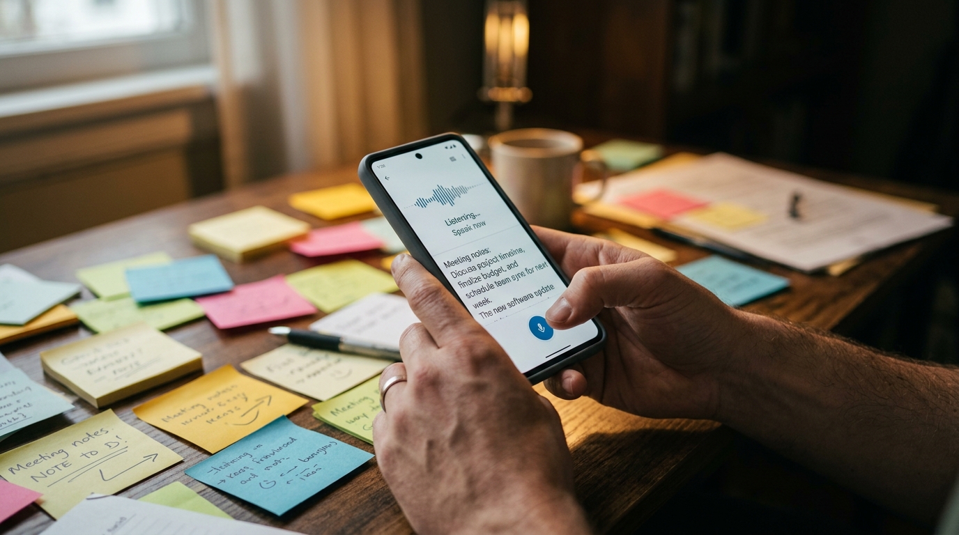Gros plan des mains d'une personne tenant un smartphone moderne, utilisant une application de transcription.