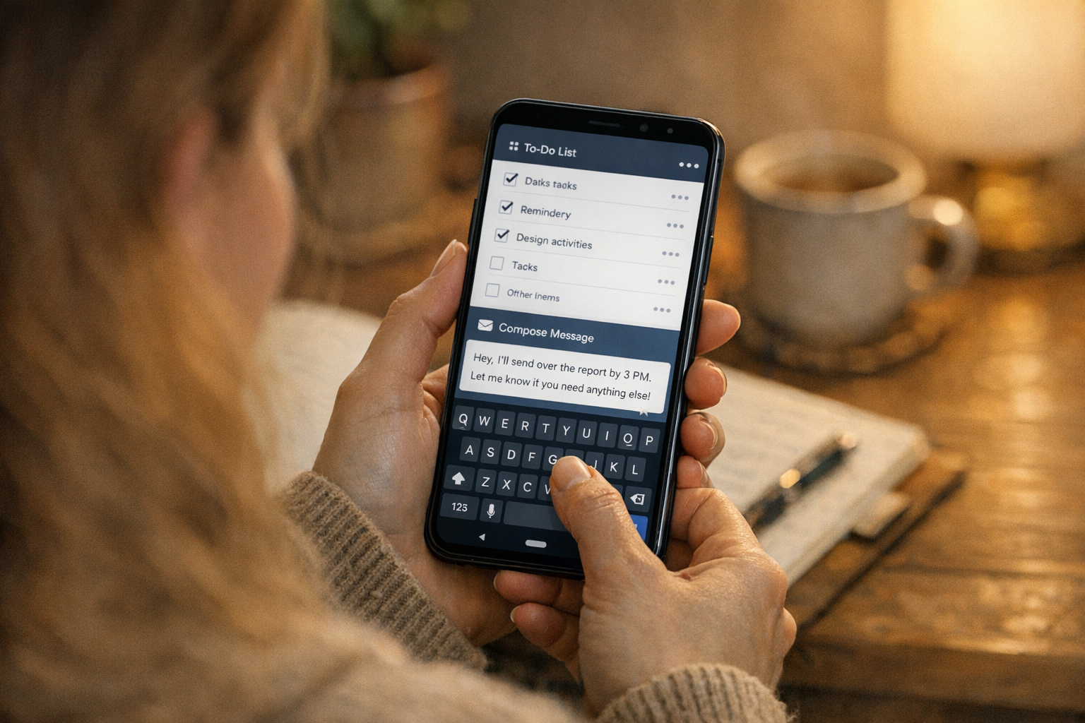 A realistic over-the-shoulder view of a person using a mobile assistant app to o...