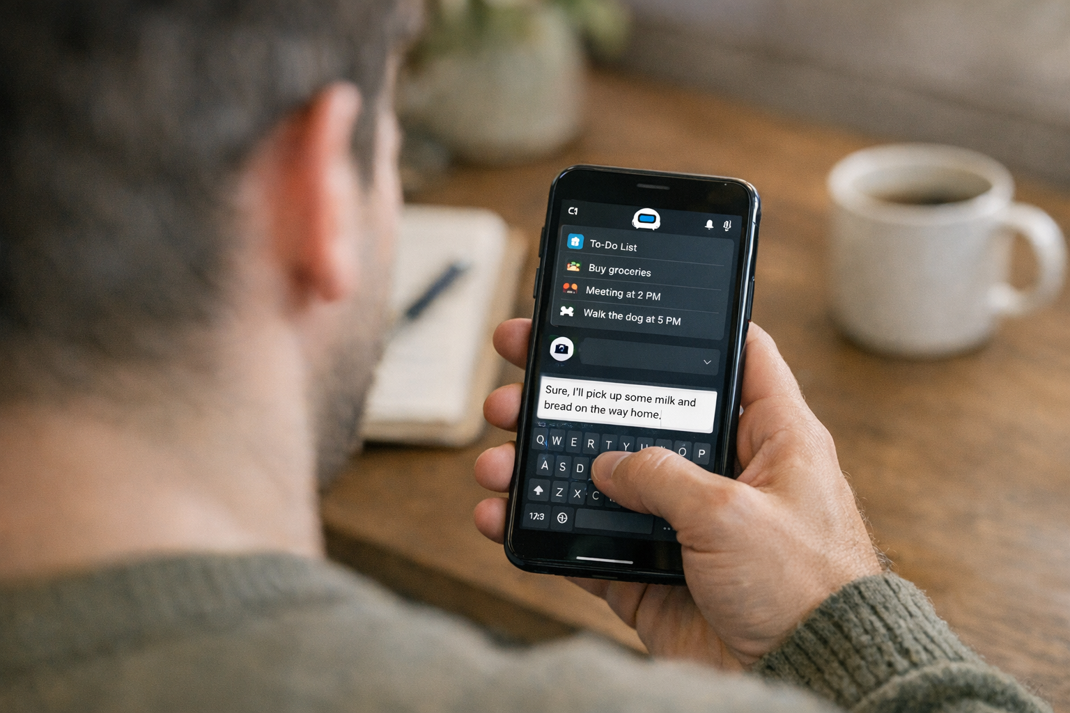 कंधे के ऊपर से लिया गया एक वास्तविक दृश्य, जिसमें एक व्यक्ति मोबाइल असिस्टेंट ऐप...