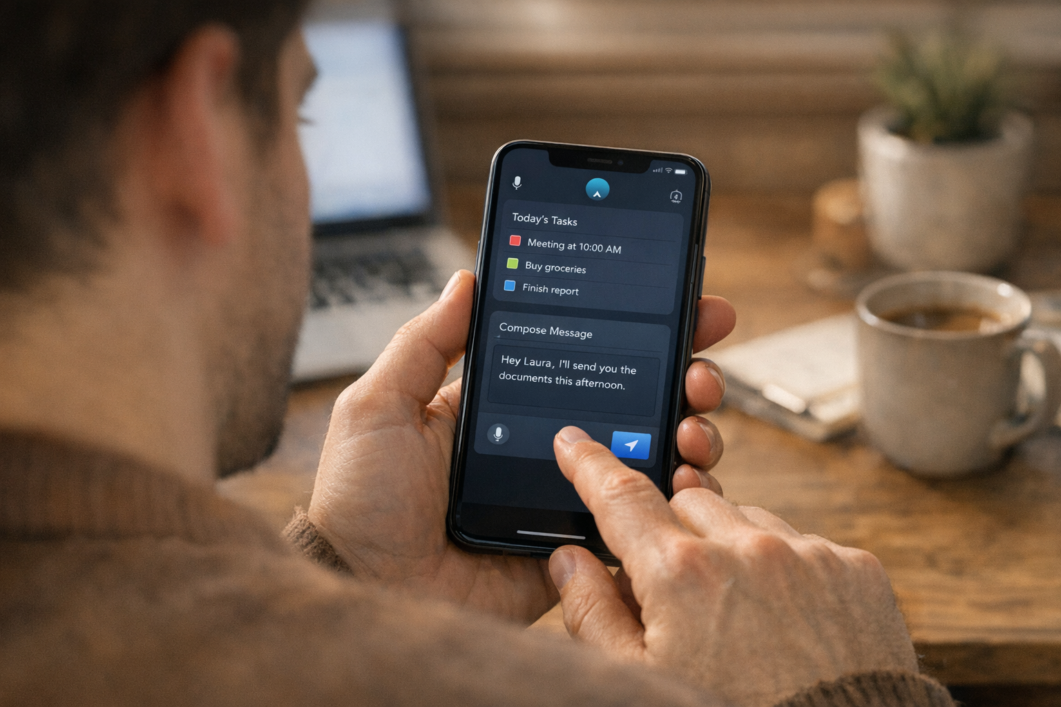 Vista realista por encima del hombro de una persona usando una app de asistente ...