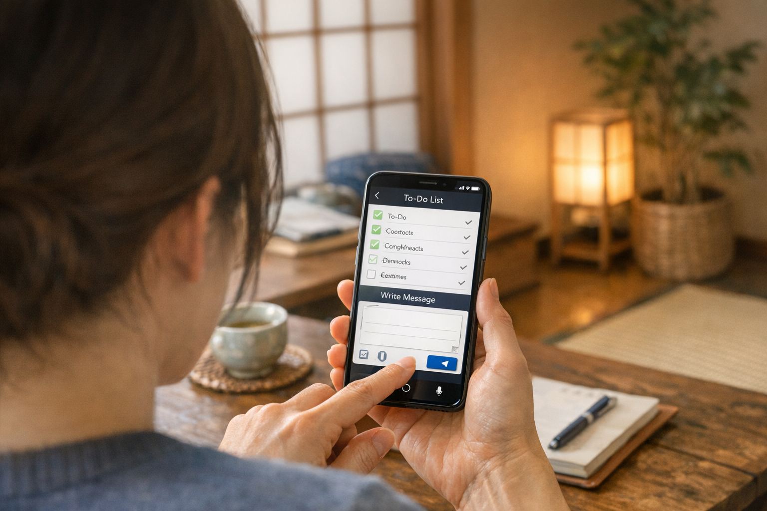 人物の肩越し視点で、モバイルアシスタントアプリを使って日々のタスク整理とメッセージ作成をしている様子、居心地のよい室内、日本らしい落ち着いた生活空間、ほのかな生...