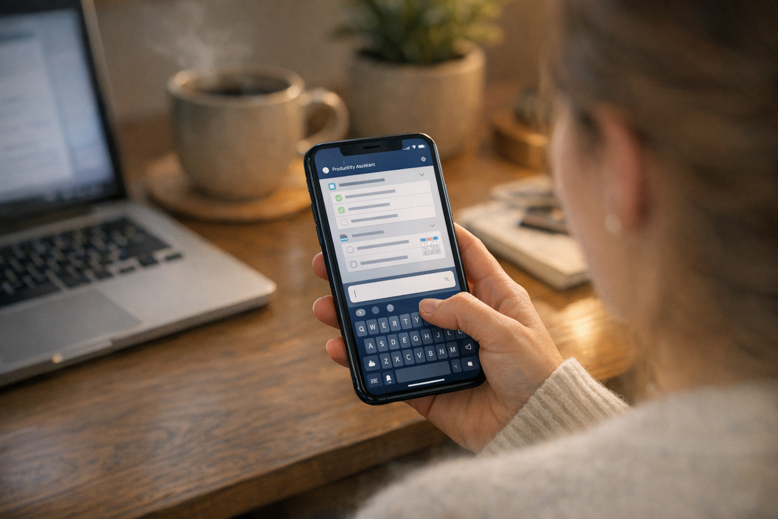 Vue réaliste par-dessus l’épaule d’une personne utilisant une application d’assi...