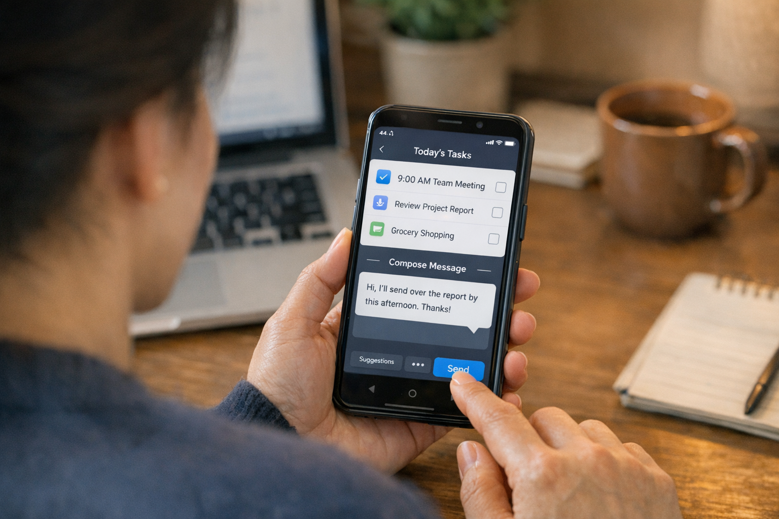 한 사람이 모바일 어시스턴트 앱으로 일상 업무를 정리하고 메시지를 작성하는 모습을 어깨 너머로 본 사실적인 장면, 아늑한 실내 분위기, 은은한 ...