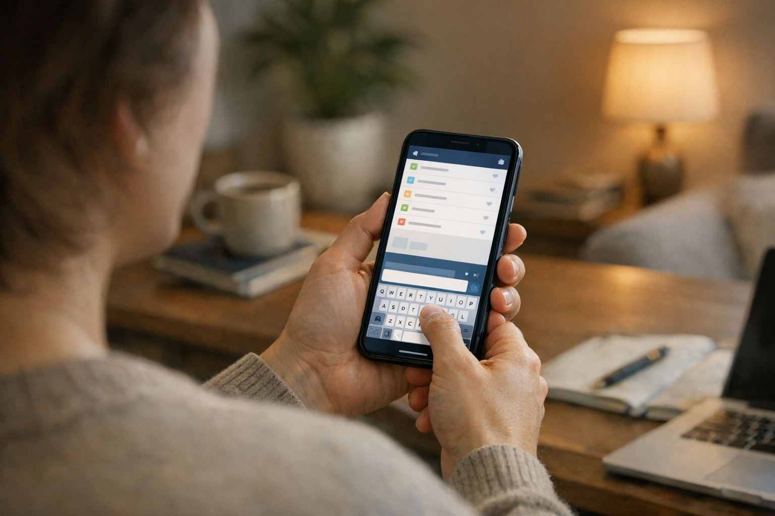 Eine realistische Schulterperspektive auf eine Person, die eine mobile Assistent...