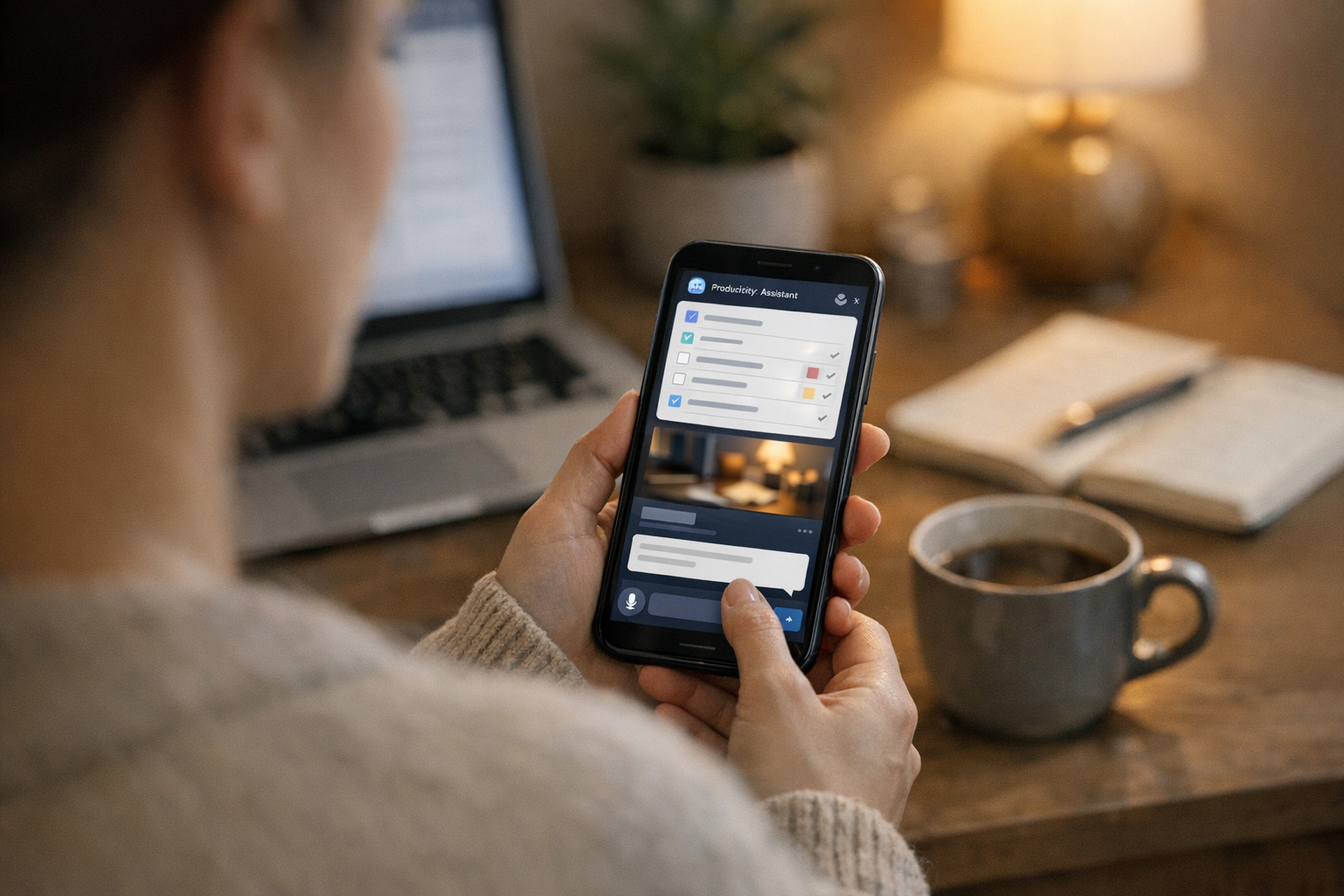 Realistyczne ujęcie zza ramienia osoby korzystającej z mobilnej aplikacji asyste...