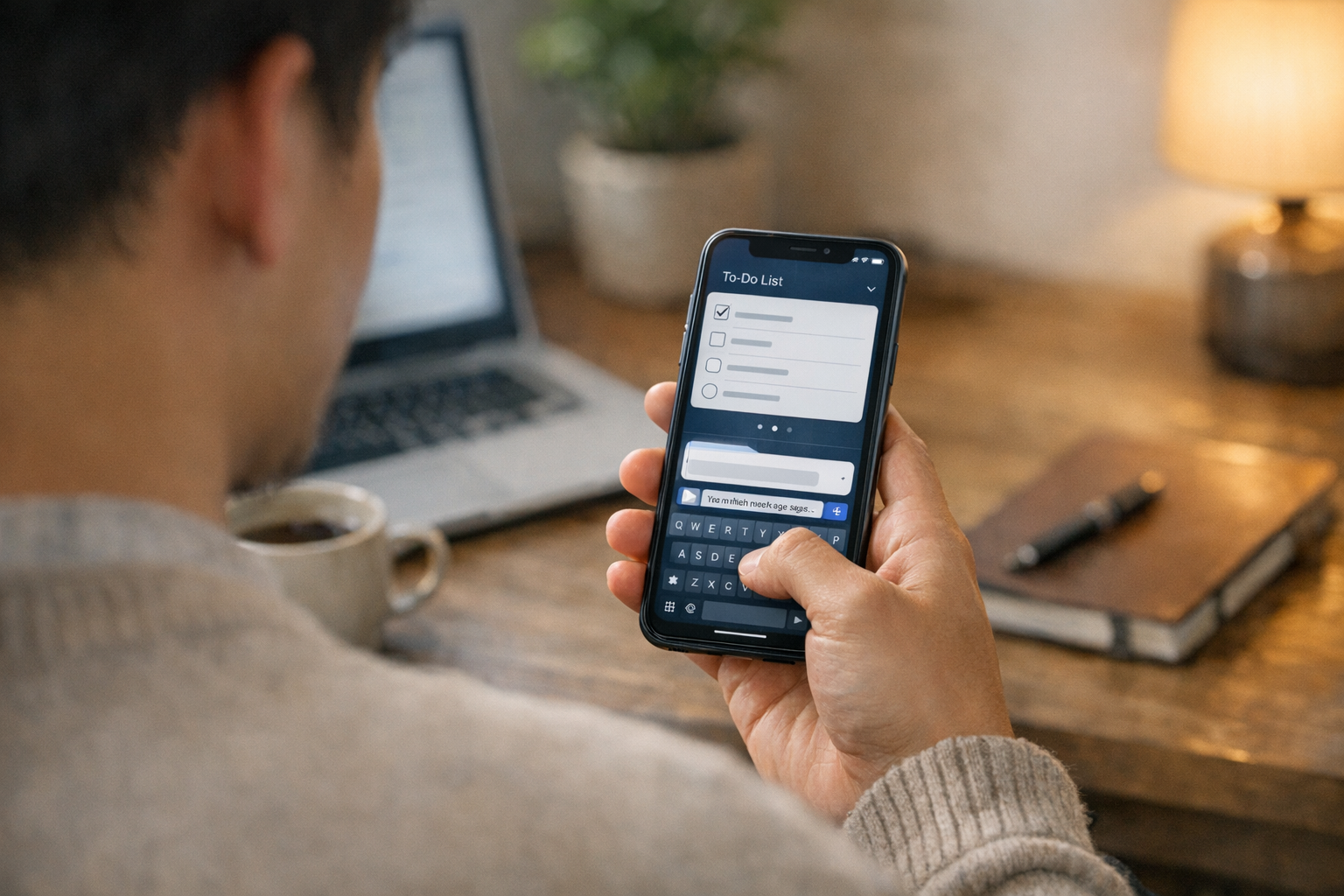 Tampilan realistis dari belakang bahu seseorang yang menggunakan aplikasi asiste...