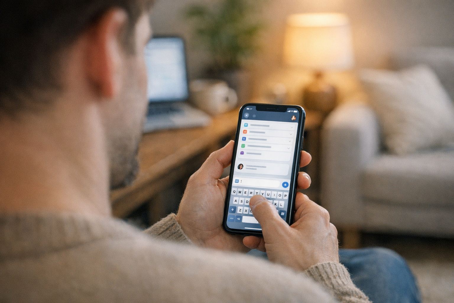 Реалистичный вид через плечо на человека, который использует мобильное приложени...