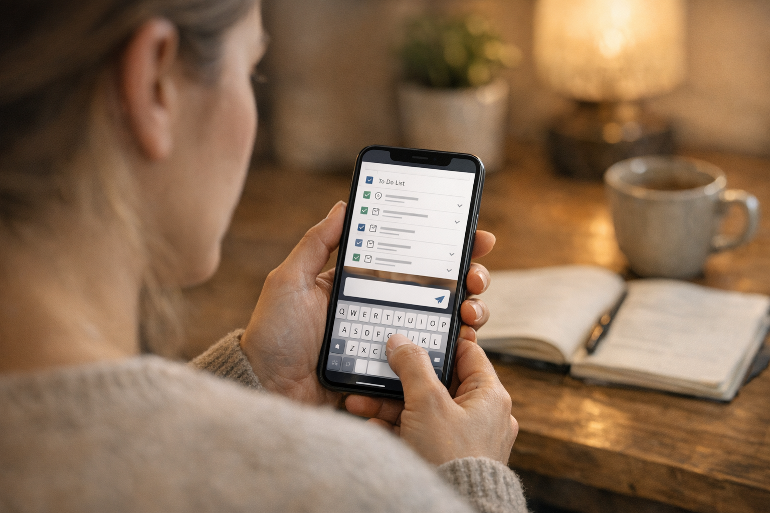 Een realistisch over-de-schouderbeeld van een persoon die een mobiele assistent-...