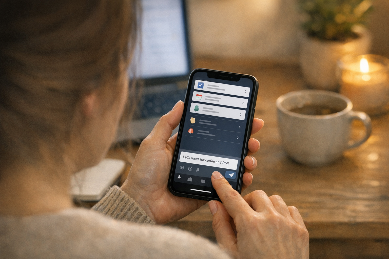 En realistisk bild över axeln av en person som använder en mobil assistentapp fö...