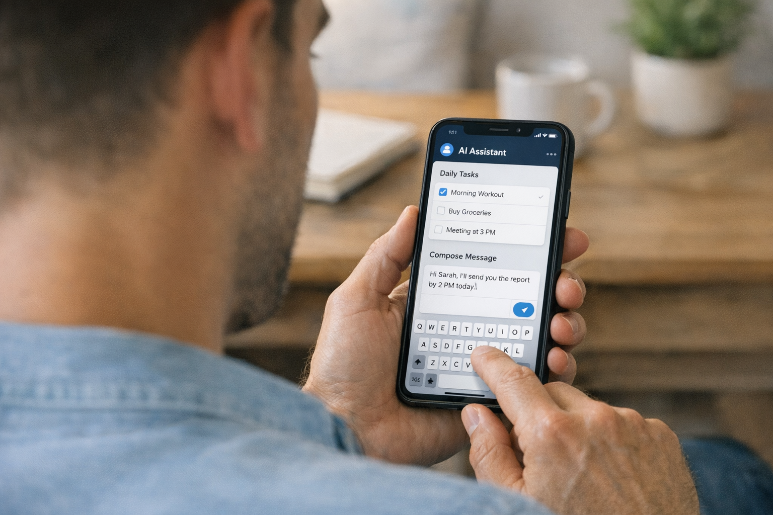 מבט ריאליסטי מעבר לכתף של אדם המשתמש באפליקציית עוזר במובייל כדי לארגן משימות יו...