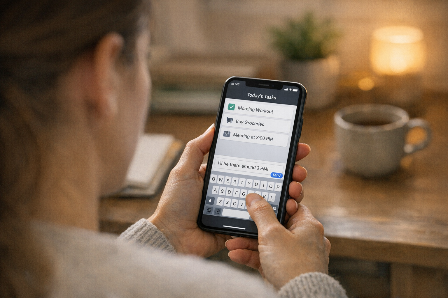 Vista realistica da sopra la spalla di una persona che usa un’app assistente mob...