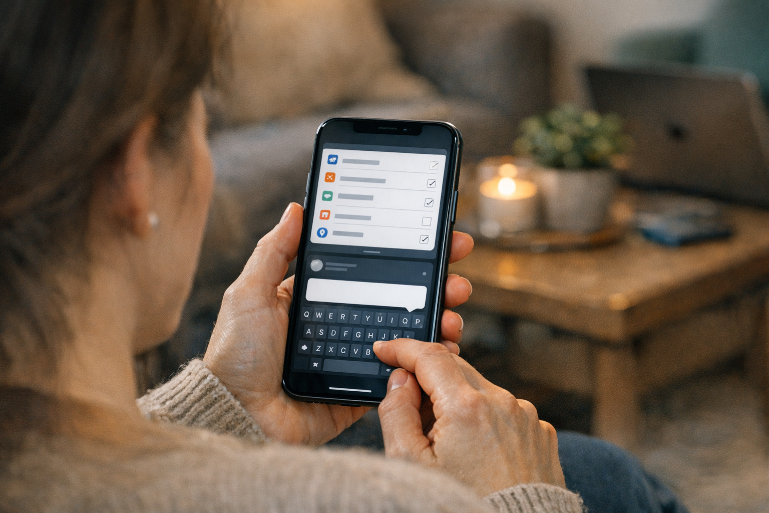 Et realistisk over-skulderen-perspektiv af en person, der bruger en mobil assist...