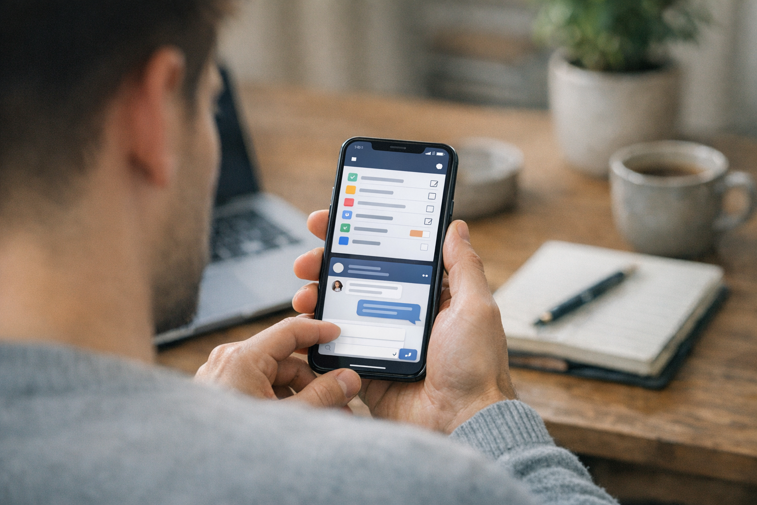 Valósághű váll fölötti nézet egy emberről, aki mobilos asszisztensalkalmazást ha...
