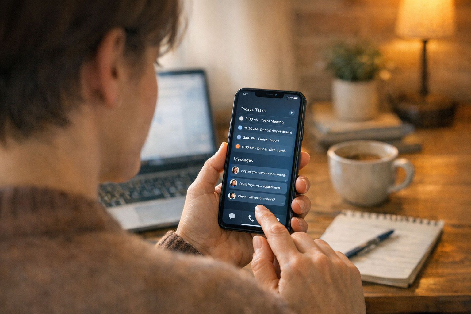 Bir kişinin günlük görevlerini düzenlemek ve mesaj yazmak için mobil asistan uyg...