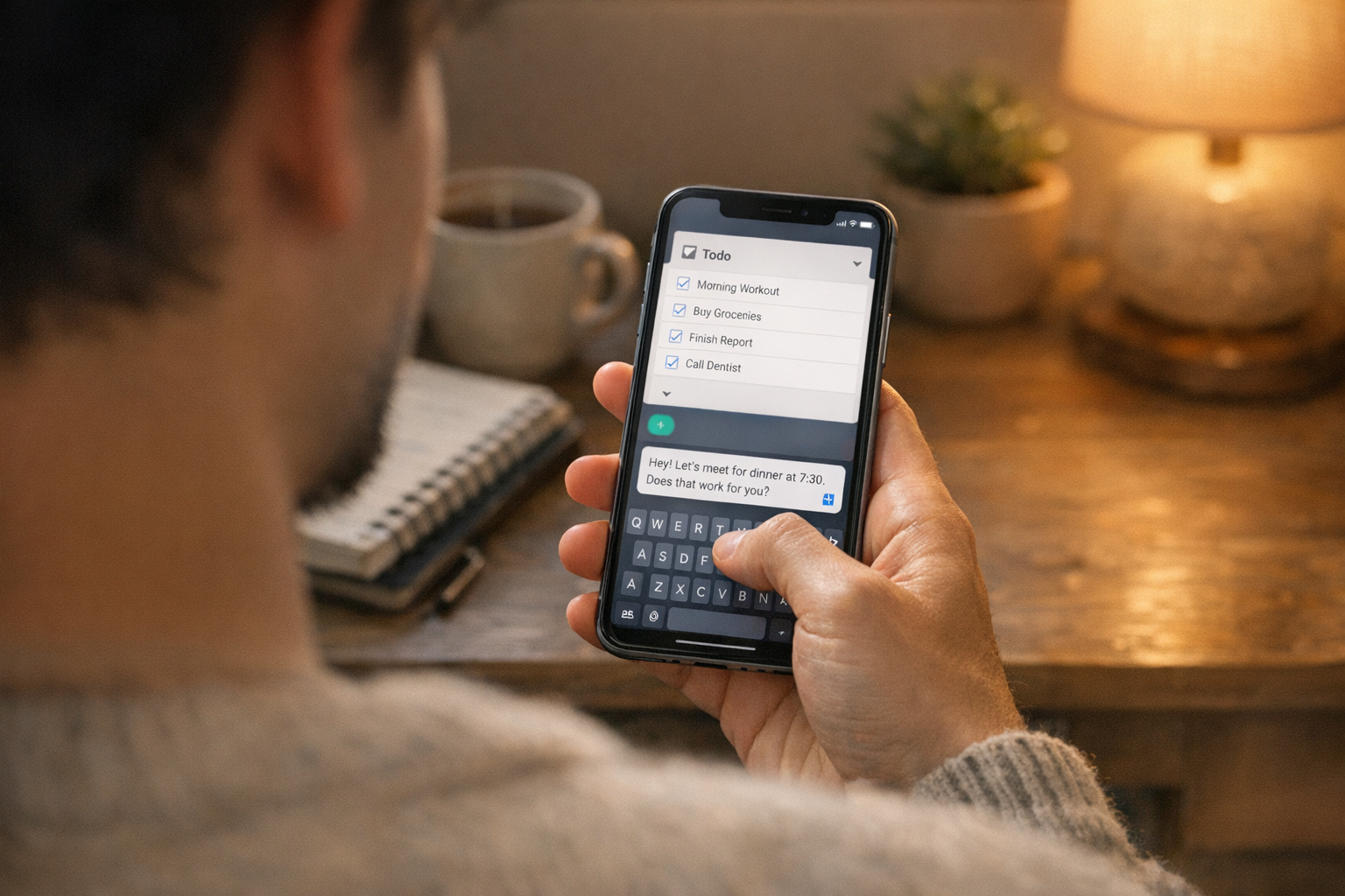 Uma visão realista por cima do ombro de uma pessoa usando um aplicativo assisten...