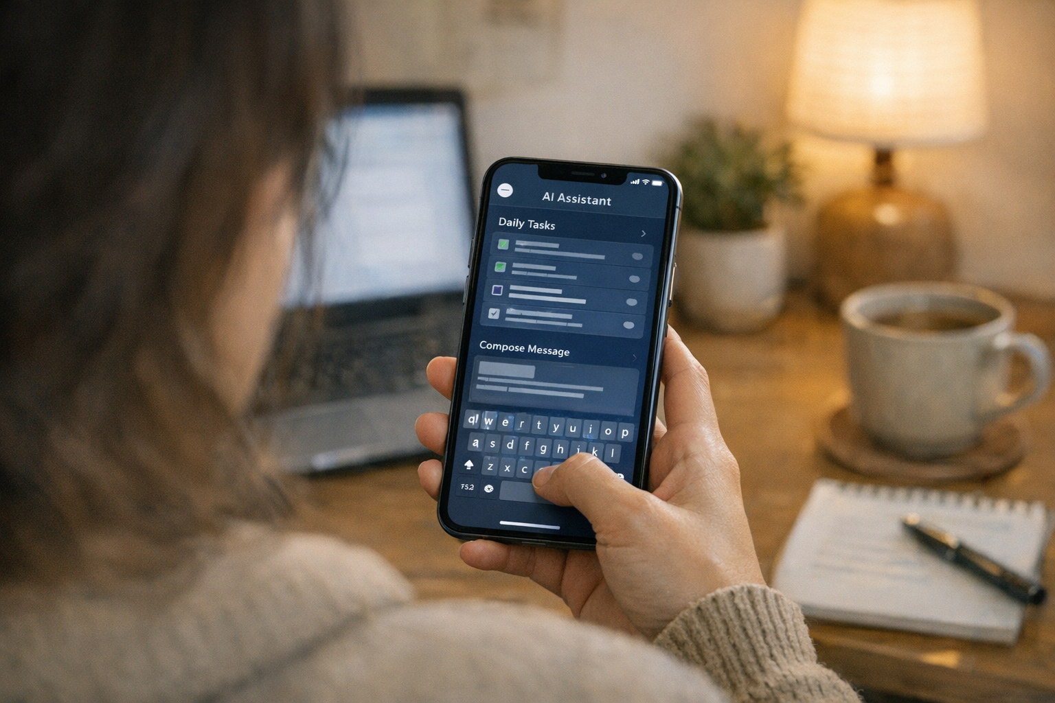 真实的肩后视角，一位用户正在使用手机助手应用整理日常任务并撰写消息，温馨室内环境，轻度高效氛围，手机画面清晰聚焦，无文字叠加，无水印