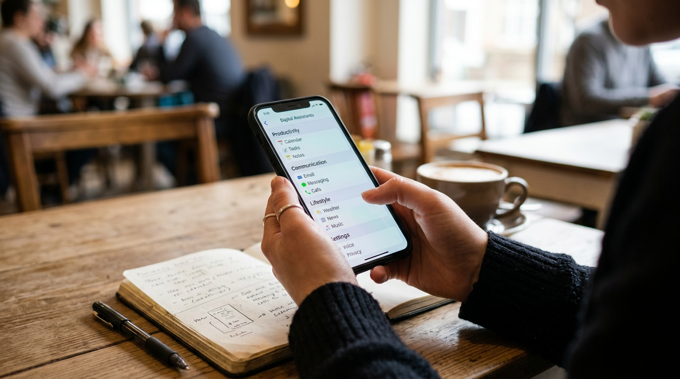 Realistische Nahaufnahme einer Person, die an einem Cafétisch kategorisierte Assistenten-Optionen auf einem Smartphone vergleicht ...