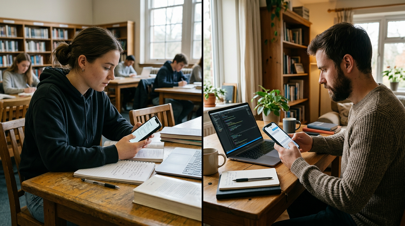 Dokumentarisches Bild eines Studierenden und eines Freelancers in getrennten Split-Screen-Arbeitsumgebungen ...