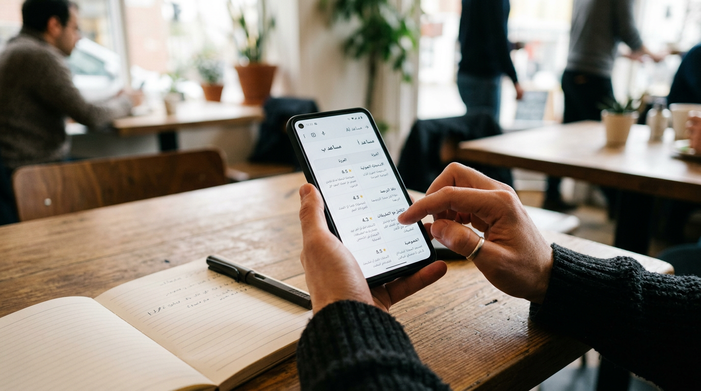 لقطة واقعية مقرّبة لشخص يقارن بين خيارات مساعدين مصنّفين على هاتف ذكي أثناء جلوس...