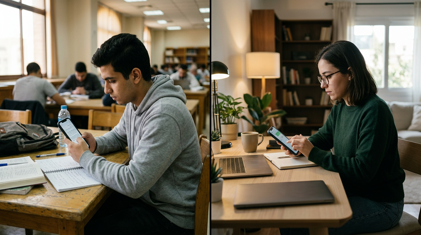 صورة بأسلوب وثائقي لطالب ومستقل في بيئتي عمل منفصلتين ضمن مشهد مقسوم، يستخدمان ه...