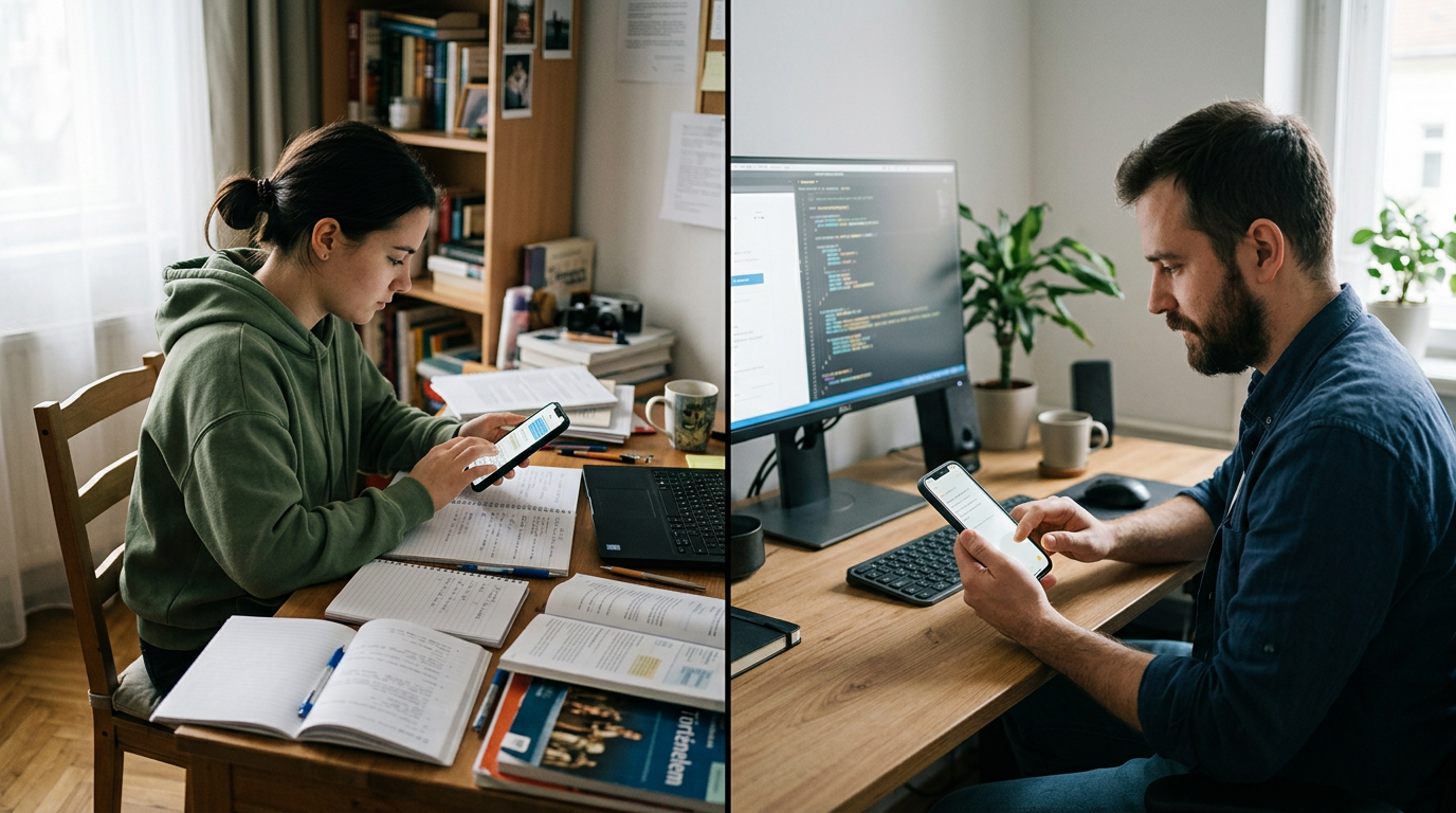 Dokumentarista stílusú kép egy diákról és egy szabadúszóról külön osztott jelene...
