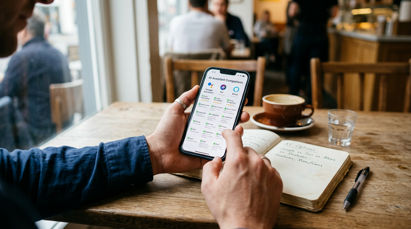 यथार्थवादी क्लोज़-अप दृश्य, एक व्यक्ति कैफ़े की मेज़ पर बैठकर स्मार्टफ़ोन पर श्र...