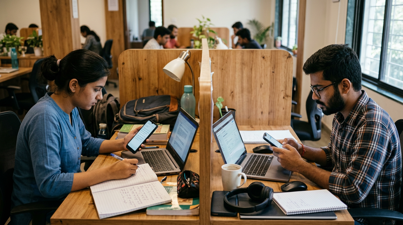 डॉक्यूमेंट्री शैली की छवि, अलग-अलग विभाजित कार्य-परिवेश में एक छात्र और एक फ्रील...