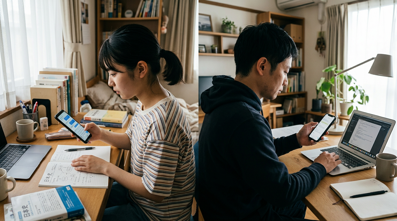 学生とフリーランスが、それぞれ別々の分割シーンの作業環境で、ノートの見直しやメッセージ作成といった短い日常タスクのためにスマートフォンを使っているドキュメンタリ...