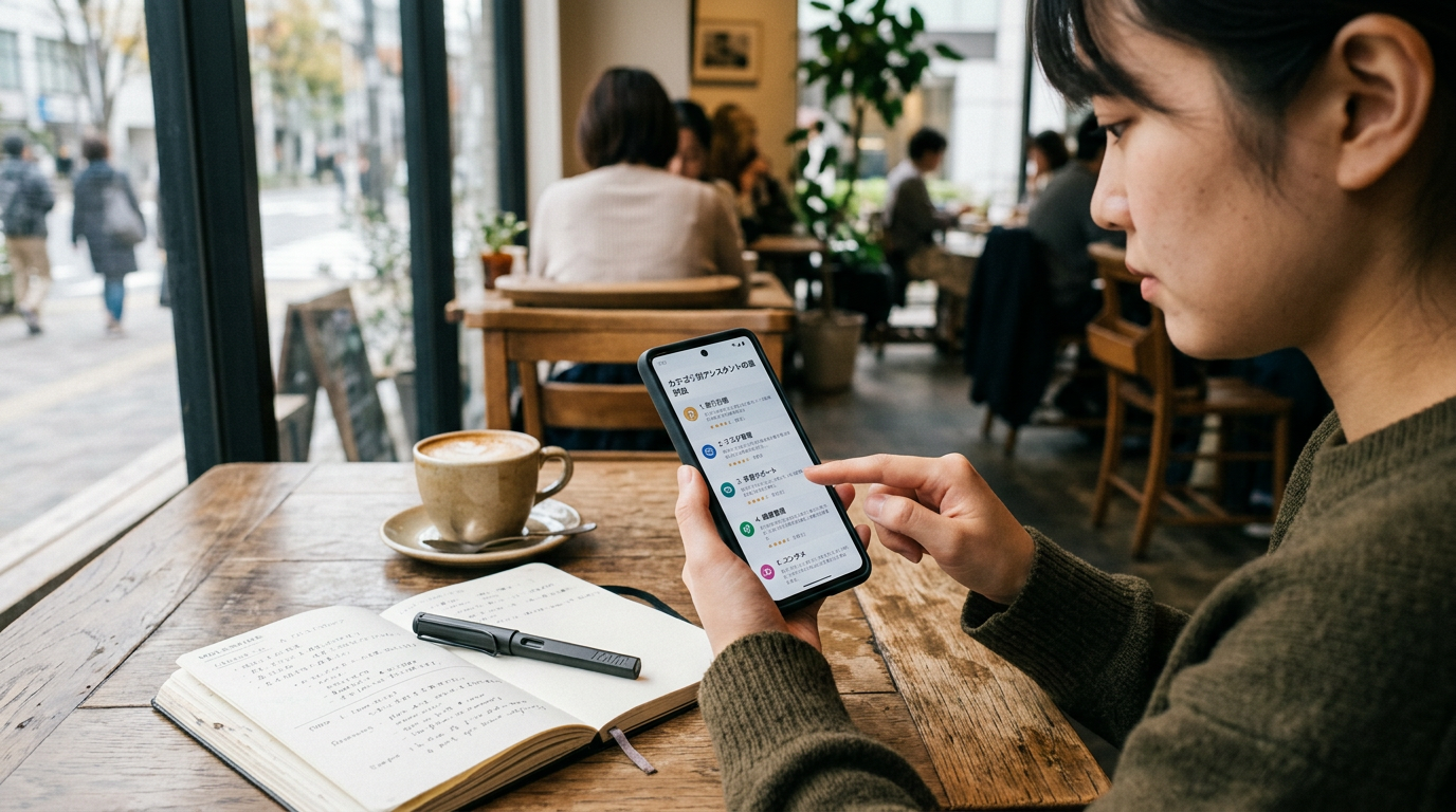 カフェのテーブルに座った人物が、近くにノートとペンを置きながら、スマートフォンでカテゴリ別アシスタントの選択肢を比較しているリアルなクローズアップシーン。自然な...