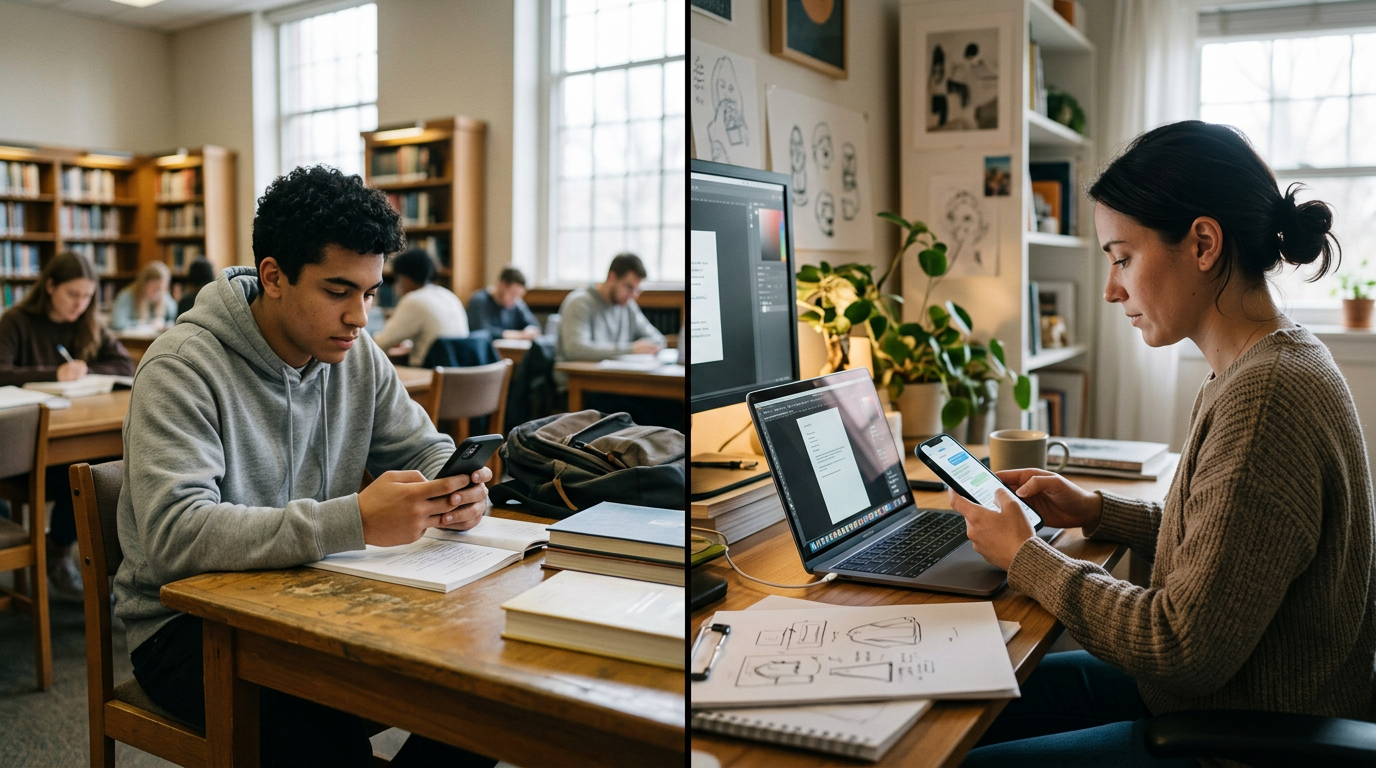 Immagine in stile documentaristico di uno studente e di un freelance in ambienti...