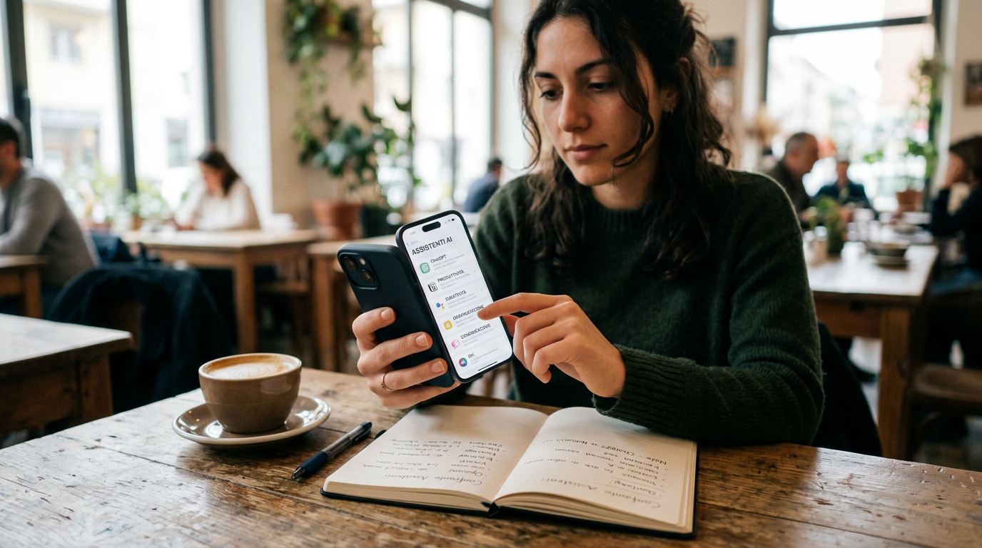 Scena realistica in primo piano di una persona che confronta opzioni di assisten...