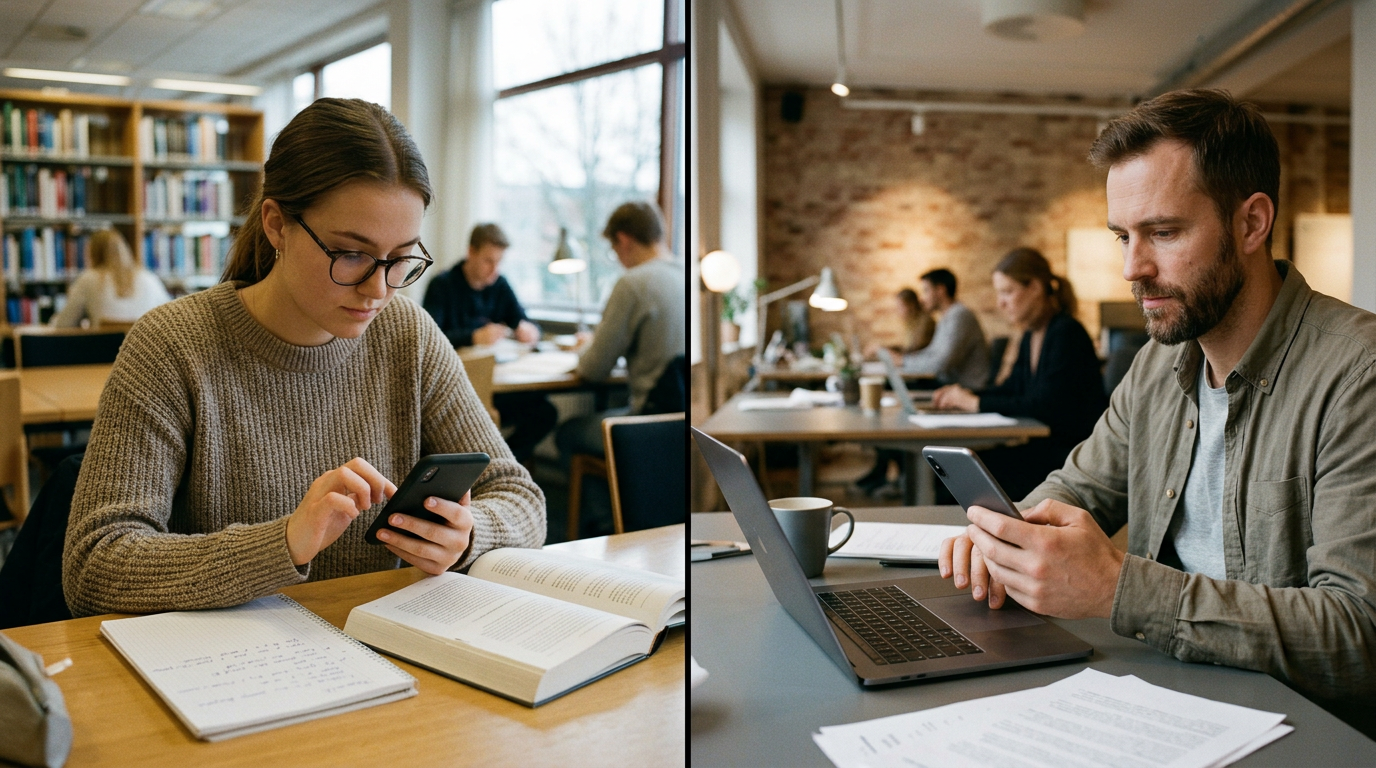 Dokumentarisk billede af en studerende og en freelancer i to separate, opdelte a...