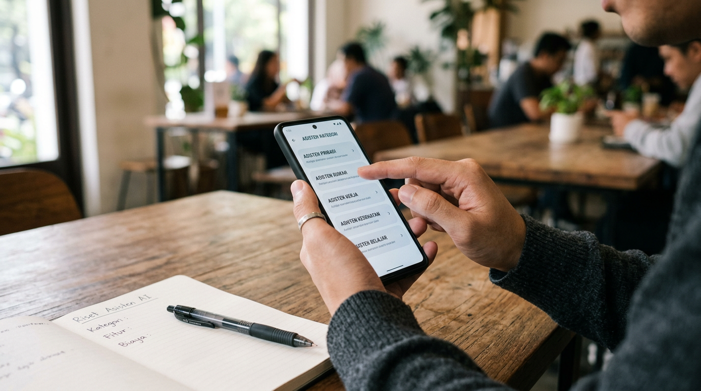Adegan close-up realistis seseorang membandingkan pilihan asisten berkategori di...