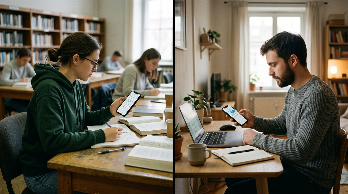 Gambar bergaya dokumenter tentang seorang pelajar dan freelancer di lingkungan k...