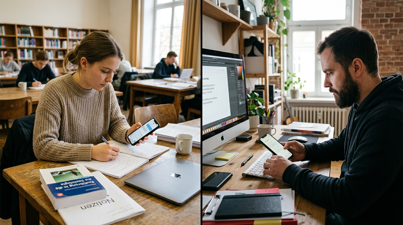 Dokumentarisches Bild eines Studierenden und eines Freelancers in getrennten Spl...