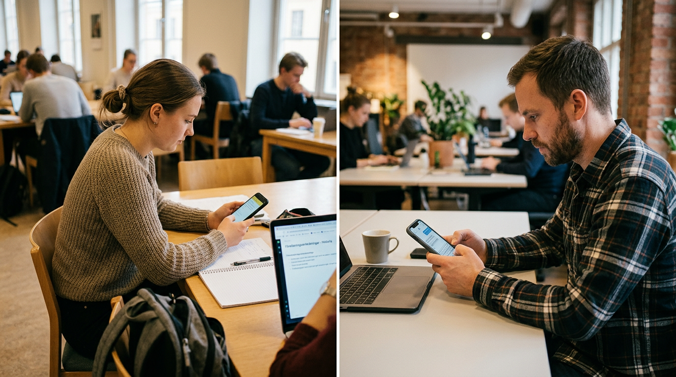 Dokumentär bild av en student och en frilansare i separata delade arbetsmiljöer ...