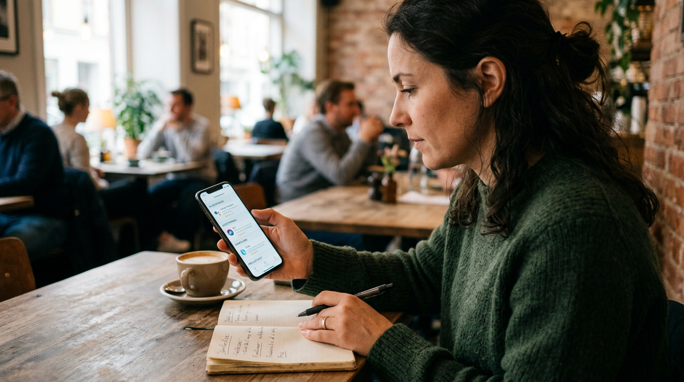 Realistisk närbild av en person som jämför kategoriserade assistentalternativ på...