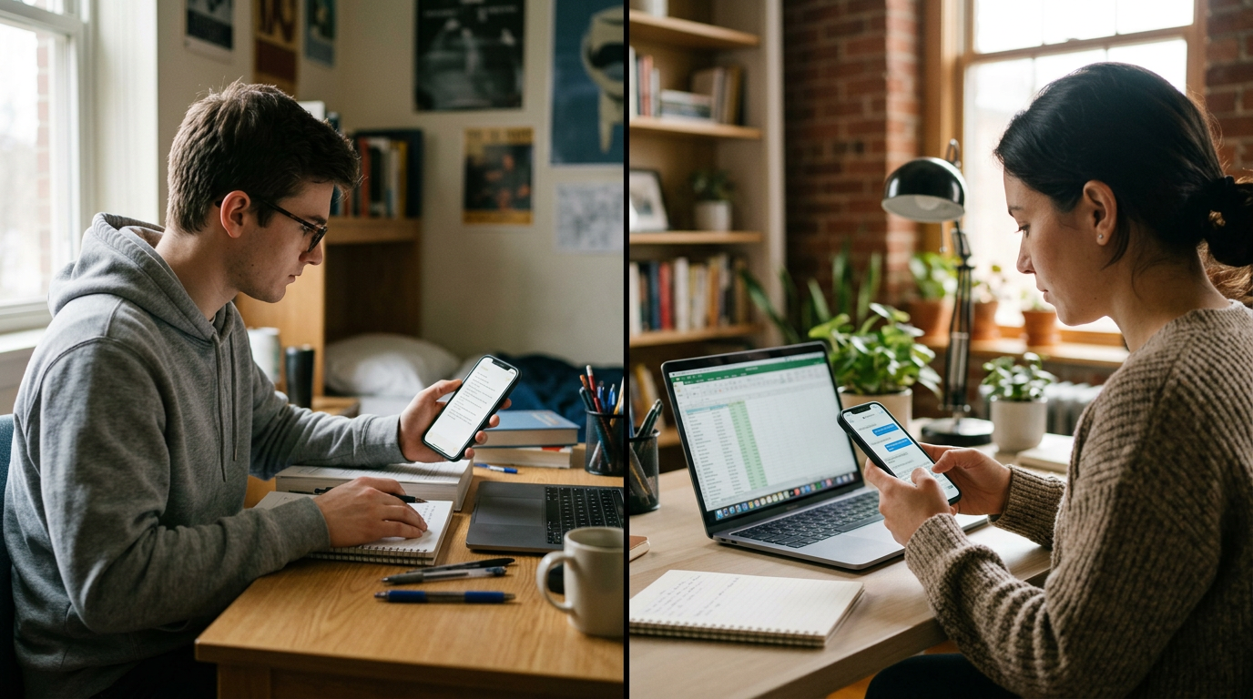 Dokumentalne zdjęcie studenta i freelancera w dwóch oddzielnych przestrzeniach p...