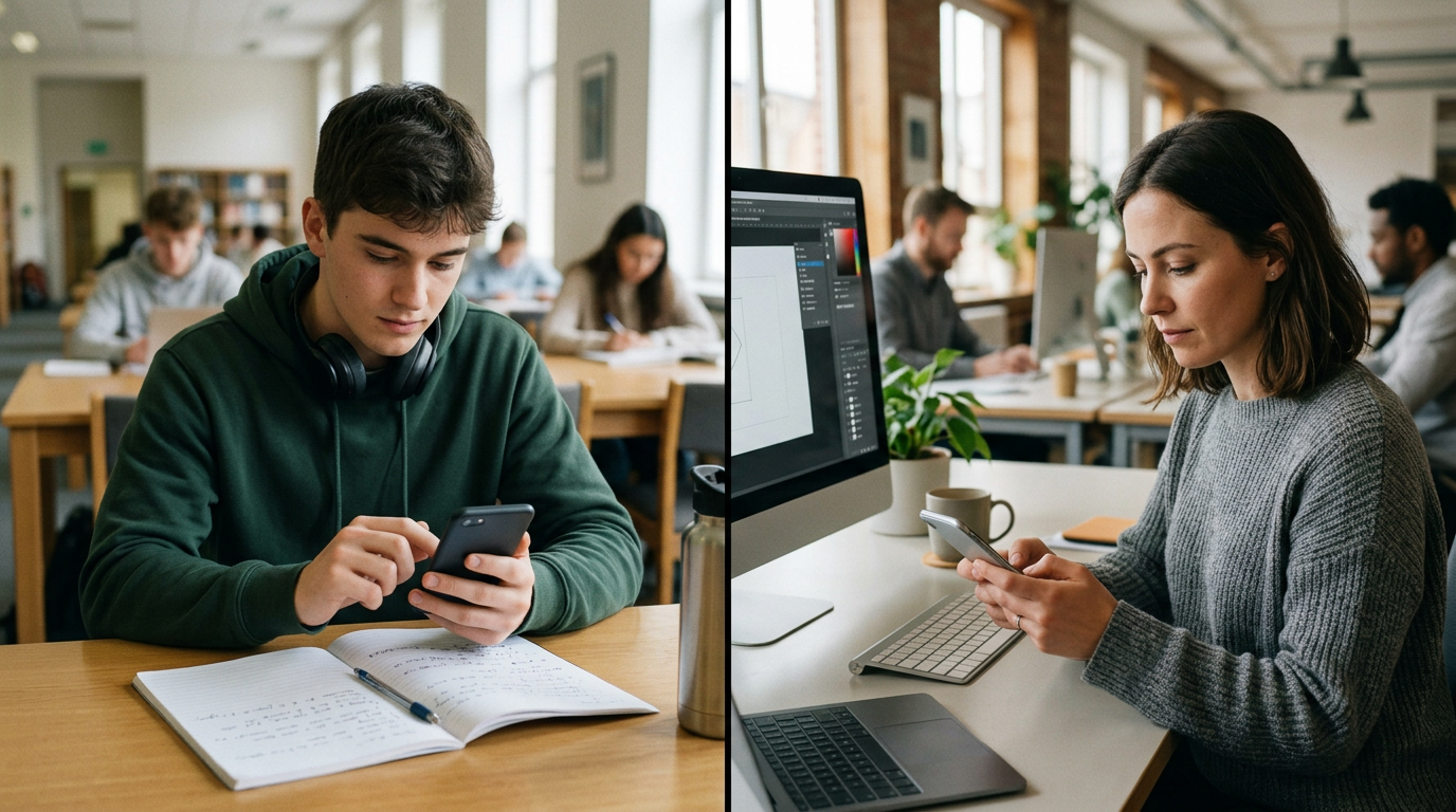 Imagen de estilo documental de un estudiante y un trabajador freelance en escena...