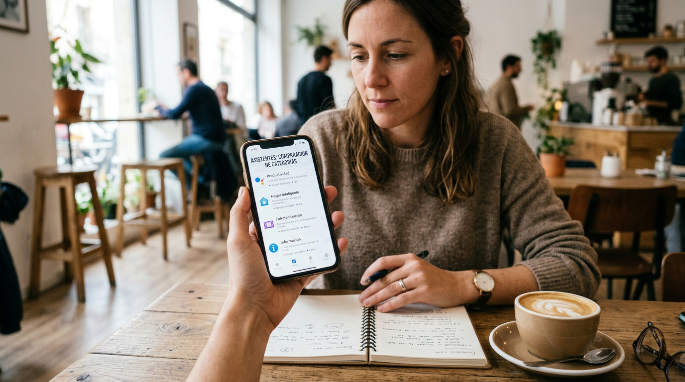 Escena realista en primer plano de una persona comparando opciones de asistentes...